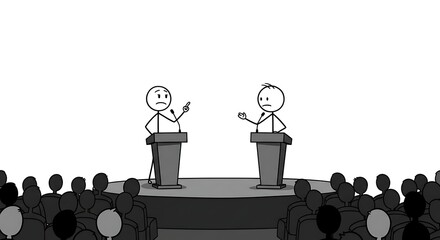 Stick Figure Debate in Front of Crowd