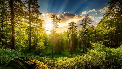 serene forest canopy golden light and clouds in a lush summer day