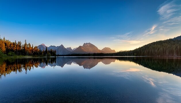 serene mountain reflection in calm lake at dawn under blue sky - Powered by Adobe
