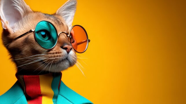 Cool looking cat wearing funky fashion dress jacket tie sunglasses plain colour background stylish animal posing as supermodel. A feline fashion icon elegantly displays a vibrant