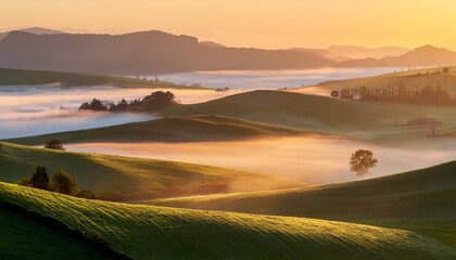soft rolling hills covered in fresh morning fog illuminated by golden sunrise