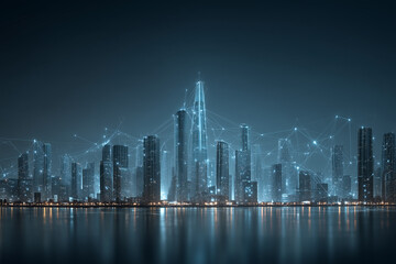 Fototapeta premium A futuristic cityscape at night, glowing with blue neon lights and digital data overlays. 