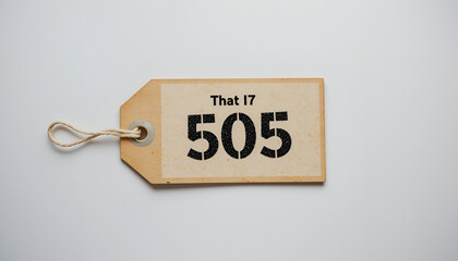 An isolated kraft paper tag shows the number five hundred and five with the words that I seven on a neutral background.