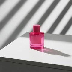 Minimal Neon Pink Perfume Bottle on White Table with Clean Aesthetic