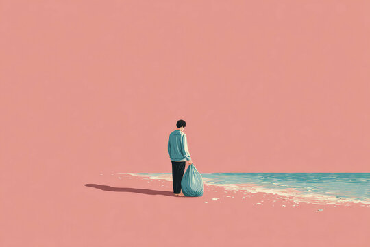 Minimalist digital art of a human figure cleaning the beach, a visual concept of environmental responsibility in flat vector design.