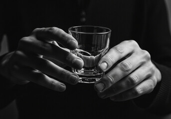Shot Glass in Hands: Somber Black and White