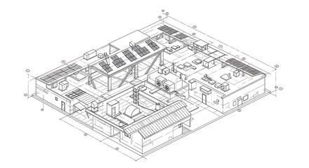 Building Blueprint Aerial Perspective with Solar Panels