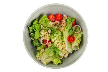 Pasta salad green leaf lettuce, tomato, pasta, onion fresh delicious gourmet food background on the table rustic food top view copy space keto and paleo diet vegan and vegetarian food