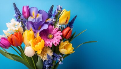vibrant floral bouquet featuring colorful tulips irises and chrysanthemums against a bright blue background