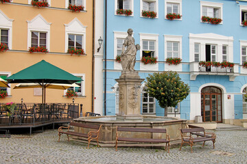 Close-up of fountain in city square in Mikulov, South Moravian Region of the Czech Republic. Popular touristic destination.  © flycatdesign