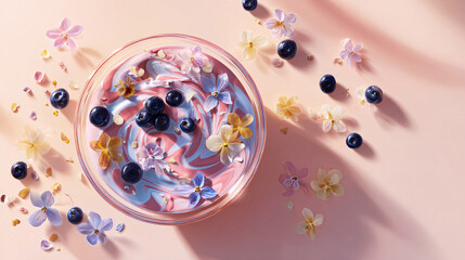 An overhead view of an elegantly swirled smoothie in shades of pink and blue, accented by scattered blueberries and delicate flower petals on a soft peach background. A perfect harmony of health and a