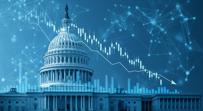 Photo of the us capitol building is overlaid with a financial stock market graph showing a sharp downtrend, symbolizing economic decline and market volatility