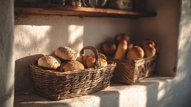 Two wicker baskets filled with assorted artisanal bread rolls and buns, set on a rustic shelf bathed in soft, golden sunlight. A cozy, vintage bakery scene that evokes warmth and traditional baking. - Powered by Adobe