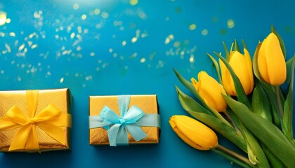 yellow tulips gifts blue background landscape photography
