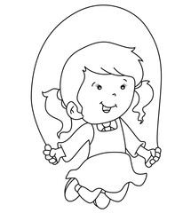 Cute cartoon hand drawn vector little girl playing skipping rope outline.