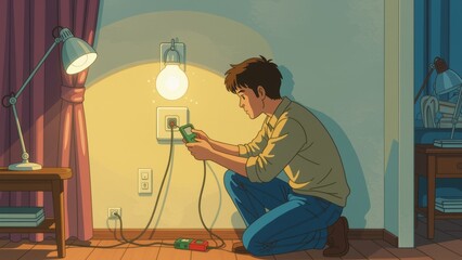 Man fixing light fixture, holding green black device, focused on maintenance task. Concept of man fixing light fixture in cozy dimly lit room with warm yellow light.