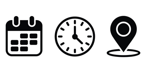 Calendar Clock and Location Pin Icons in Black on White Background