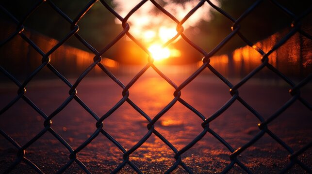 Sunset through chain-link fence - Powered by Adobe