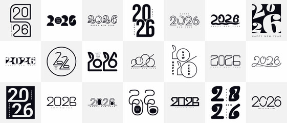 Happy New Year 2026 numbers typography set. Logo text design. Number design greeting card template. Black different style hand drawn geometric flat outline figure. Square poster layout