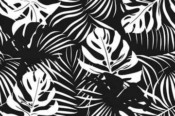 Seamless jungle leaves pattern, monstera, banana, palm leaves, bold monochrome design, high contrast black and white, graphic flat style, tileable pattern