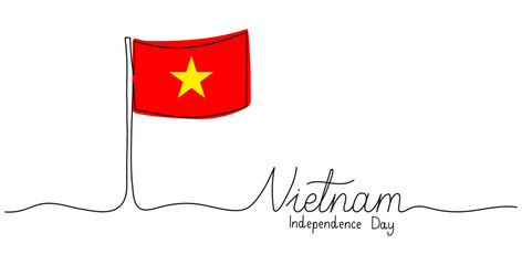 Vietnam Independence Day one line hand drawn lettering. Vietnamese National holiday celebrated on September 2 text banner. Vector template for typography poster, greeting card, flyer. Editable stroke