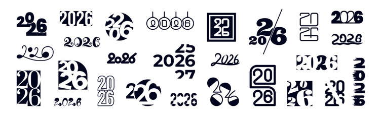 2026 logo text set. Happy New Year 2026 hand drawn geometric flat silhouette black numbers. Numeral Design template. Collection of digit symbols. Labels isolated on white background