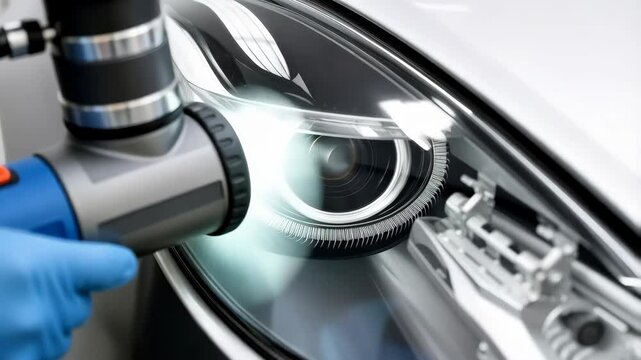 Polishing car headlight with specialized tool and protective gloves. Automotive maintenance and cleaning concept