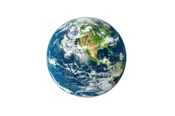Circular Earth view showing continents on transparent background