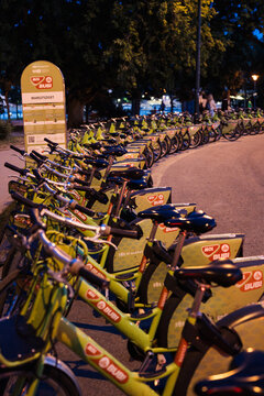 Budapest, Hungary, June 11th,  Large line of Bubi rental bikes in Budapest