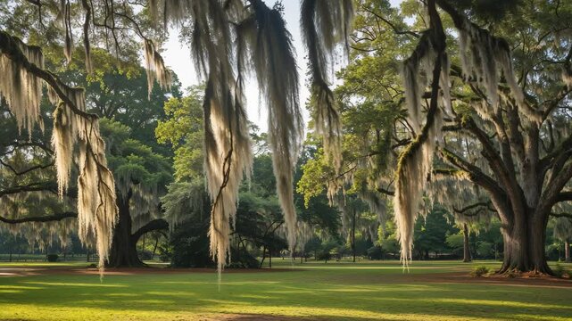 Swaying Spanish Moss and Greenery in Forsyth Park, Savannah, Georgia
