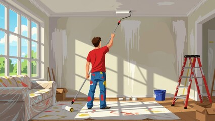 Person painting ceiling, decorating walls with roller in bright room. Concept of person painting ceiling, transforming space with vibrant colors and cheerful atmosphere.