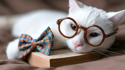 Portrait of White Cat wearing glasses and reading book pet fashion concept. A feline friend in spectacles enjoys a literary adventure showcasing stylish pet attire.