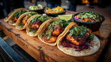 Delicious tacos arranged on a wooden platter, accompanied by colorful side dishes and garnished with fresh herbs and lime.
