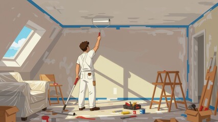 Person painting ceiling, decorating room with care. Concept of person painting ceiling highlights home improvement and creativity in decorating space.
