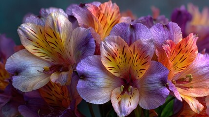 Vibrant flowers with intricate details and a blend of purple and orange hues, showcasing nature's beauty in a close-up view.