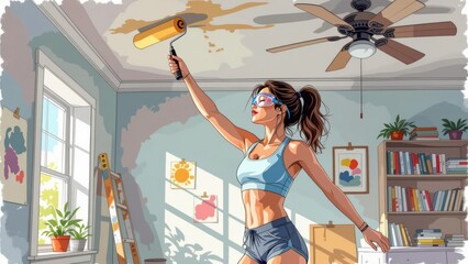Person painting ceiling, decorating in bright room with modern design, fit woman in blue sports bra and goggles. Concept of person painting ceiling, vibrant atmosphere, energetic decor.