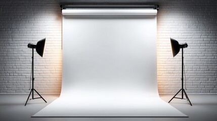 Empty photo  with white backdrop and lighting equipment.