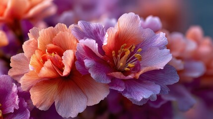 Two delicate flowers in soft hues of pink and purple, showcasing intricate petals and textures against a blurred floral background.