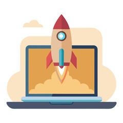 Rocket Launching from Laptop Vector Illustration Flat Design