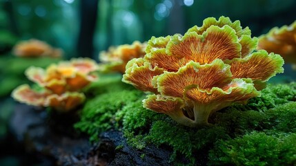 Colorful mushrooms grow on a mossy log, surrounded by lush greenery, capturing the essence of a vibrant forest ecosystem.