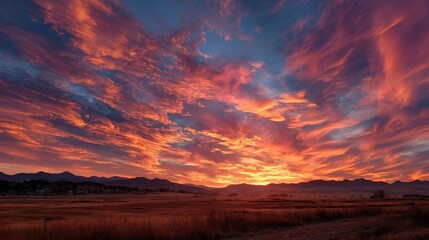 Vibrant sunset with dramatic clouds over a tranquil landscape, featuring rich colors and a serene atmosphere.