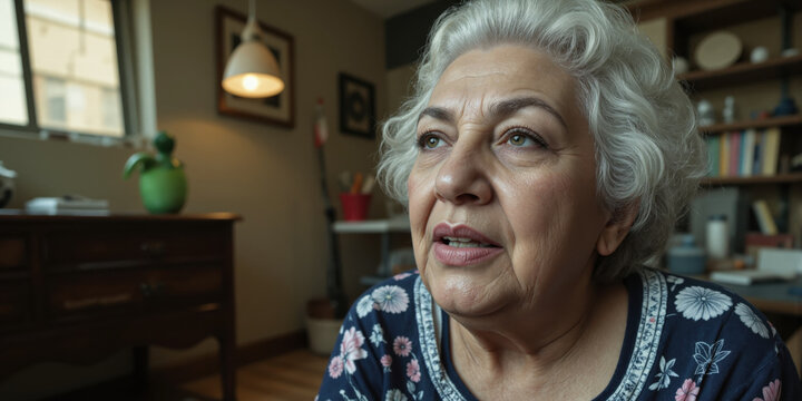 Senior Virtual Memory Preservation Program - A 75-year-old Hispanic woman participating in a digital memory preservation program, where AI captures