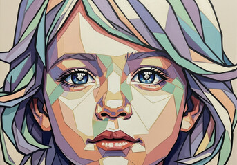A geometric portrait of a girl with colorful abstract patterns