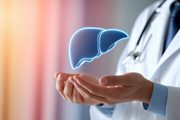 Doctor holding glowing virtual liver in modern clinic, symbolizing advanced liver care and empathetic medical treatment