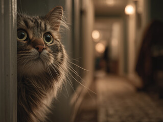 Curious Cat Peeking from Doorway, Warm Home Interior