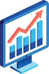 Computer screen displaying upward trend bar chart and arrow