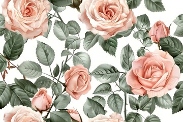 Seamless floral pattern, vintage rose garden, soft pastel roses and green leaves, romantic antique style, detailed botanical illustration, watercolor effect, tileable design 