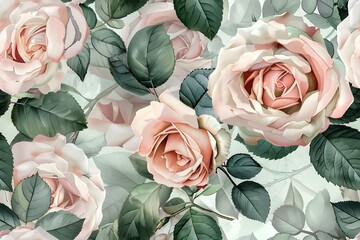 Seamless floral pattern, vintage rose garden, soft pastel roses and green leaves, romantic antique style, detailed botanical illustration, watercolor effect, tileable design 