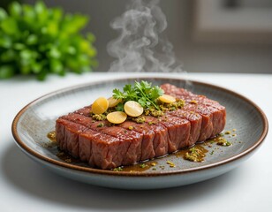 Seared Steak with Garnish, Culinary Presentation