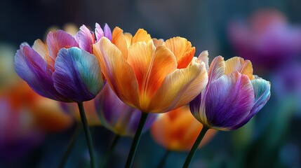 Colorful stylized tulips bloom against a soft blurred background, showcasing intricate lines and vibrant hues in an artistic representation of nature.